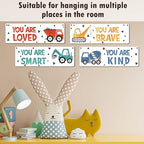 4 Pieces Construction Vehicles Decor Kids Room Wall Decor Wooden Sign - Motivational Wall Art For Kids Room Nursery Playroom Classroom - You Are Loved You Are Brave You Are Kind You Are Smart(Sign-01)