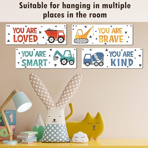 4 Pieces Construction Vehicles Decor Kids Room Wall Decor Wooden Sign - Motivational Wall Art For Kids Room Nursery Playroom Classroom - You Are Loved You Are Brave You Are Kind You Are Smart(Sign-01)