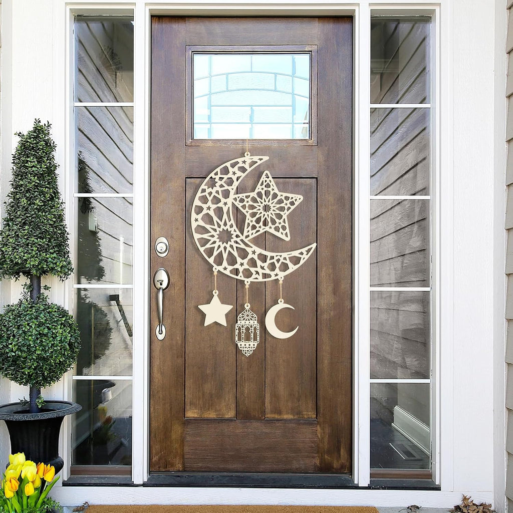 Hinsly 2 Pieces Eid Mubarak Door Sign Wooden Hanging Signs, Ramadan Kareem Hollow Ornament Decorations Moon and Stars, Moon Shape Ramadan Mubarak Party Wood Wall Hanger for Islamic Muslim Home Decor