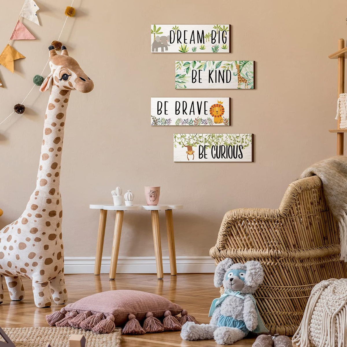 4 Woodland Safari Animal Room Decor for Baby Boy Bedroom - Cute Jungle Nursery Decorations, Toddler Room 11x3.9 Inches (White Background, Lively Animals)