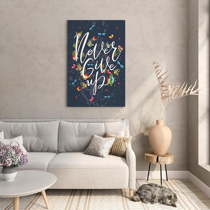 Canvas wall art with the phrase "Never Give up" printed on a motivational postcard. 60x40cm, blue.