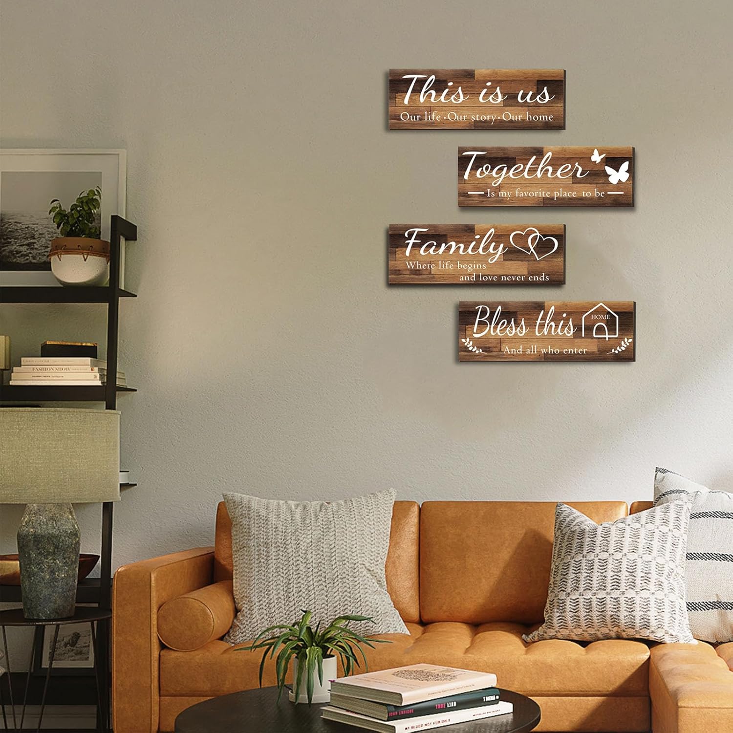 4 Pieces Home Wall Signs, THIS IS US/TOGETHER/BLESS THIS HOME/FAMILY Wall Decor For Living Room Bedroom, Rustic Wooden Farmhouse Wall Art, 4.7 x 13.8 Inch