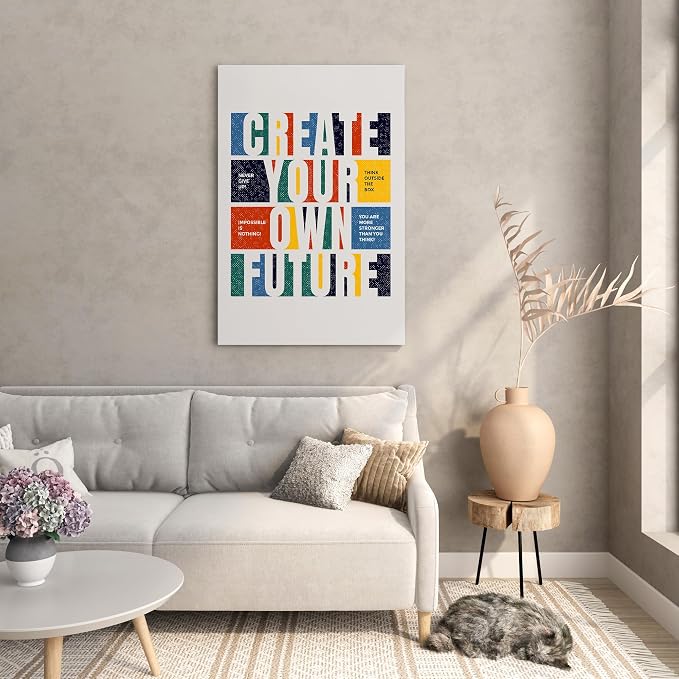 Canvas print with the motivational quote "Create Your Own Future", 60x40 cm, white