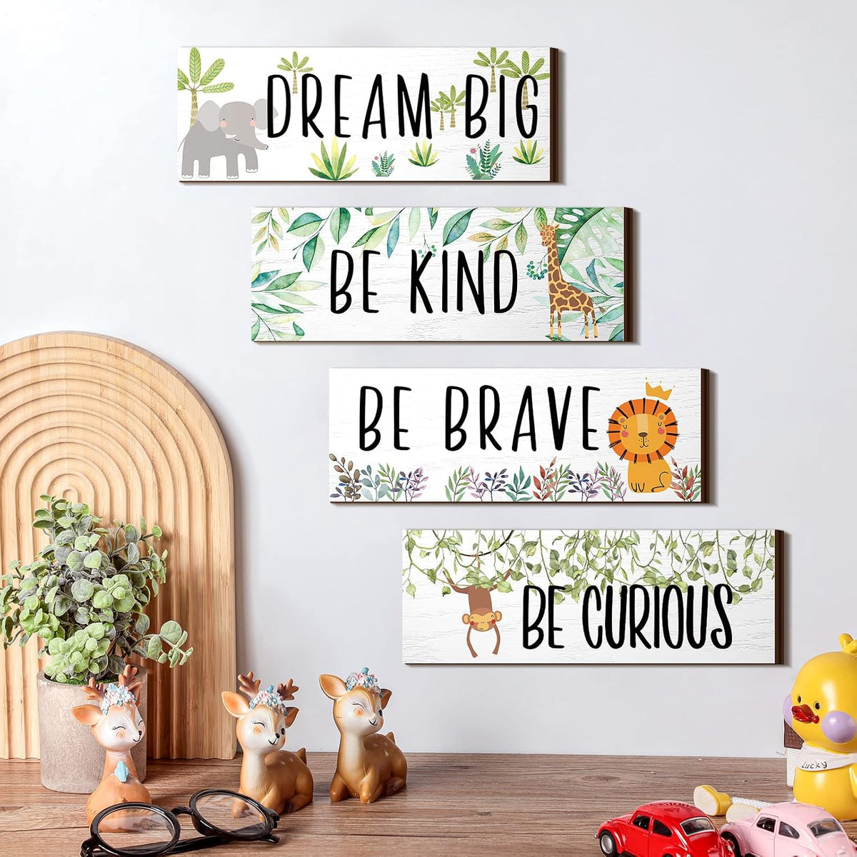 4 Woodland Safari Animal Room Decor for Baby Boy Bedroom - Cute Jungle Nursery Decorations, Toddler Room 11x3.9 Inches (White Background, Lively Animals)