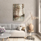 A wall art piece featuring a hand-printed watercolor landscape on canvas, measuring 60 x 40 cm.