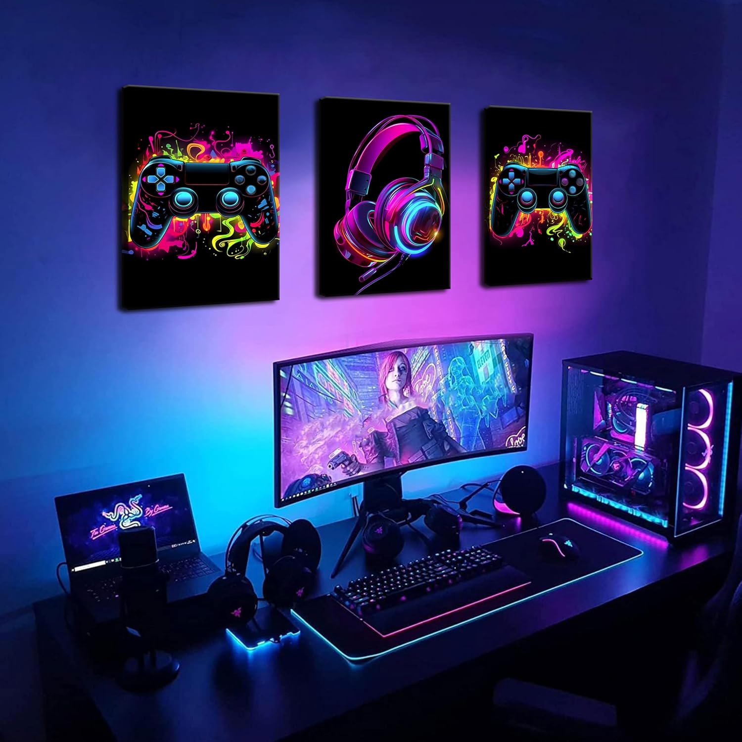 BGFCE Game Room Decor Set of 3, Neon Gaming Video Game Room Wall Art, Gaming Canvas Paintings Posters Prints for Teen Boys Room Children Teen Wall Decor Framed 12x16 in
