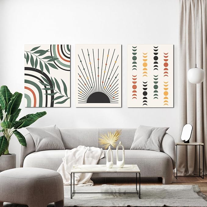 Boho Wall Art Set of 3, Mid Century Modern Wall Decor Abstract Geometric Prints Black Green Plant Sun Natural Framed Canvas Prints Artwork Ready To Hang for Living Room Bathroom Bedroom 16 * 24inch