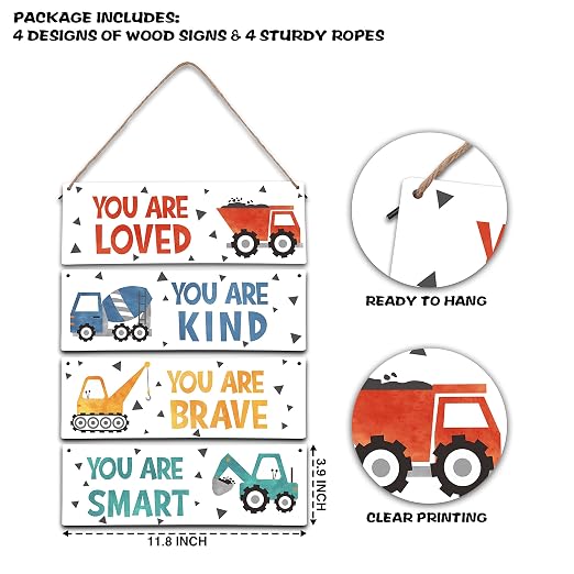4 Pieces Construction Vehicles Decor Kids Room Wall Decor Wooden Sign - Motivational Wall Art For Kids Room Nursery Playroom Classroom - You Are Loved You Are Brave You Are Kind You Are Smart(Sign-01)