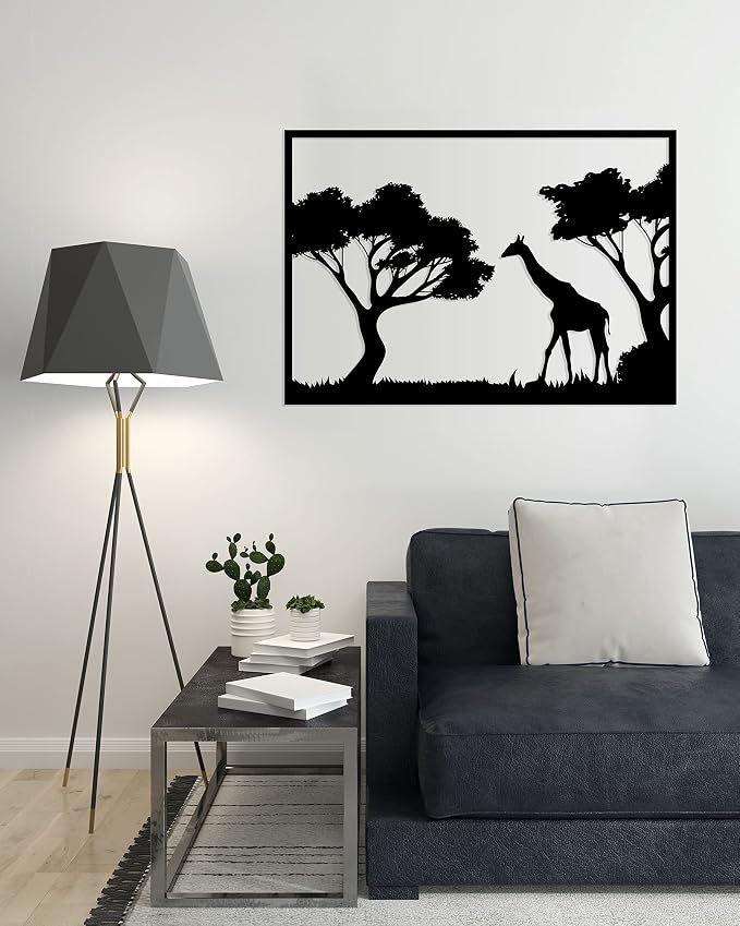Wooden Wall Art Panel with Giraffe Design, 60x80cm, Black
