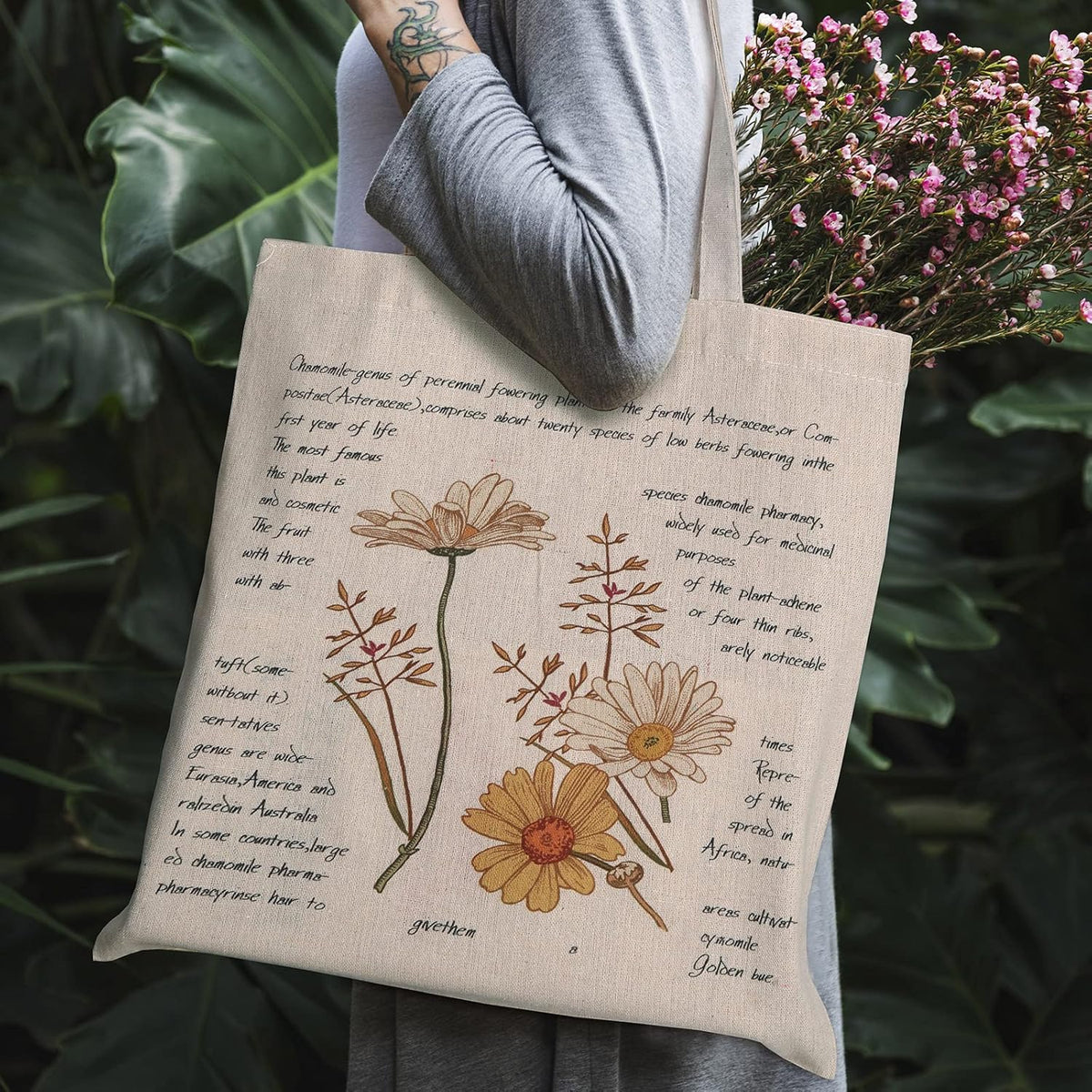Saintrygo 4 Pieces Canvas Tote Bag Flowers Shopping Bag Beautiful Tote Bag Aesthetic Reusable Grocery Shopping Bag Makeup Bags for Girls Women, clear