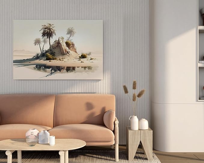 Canvas wall art print of a desert scene with palm trees and a remote island, measuring 60 x 40 cm, beige