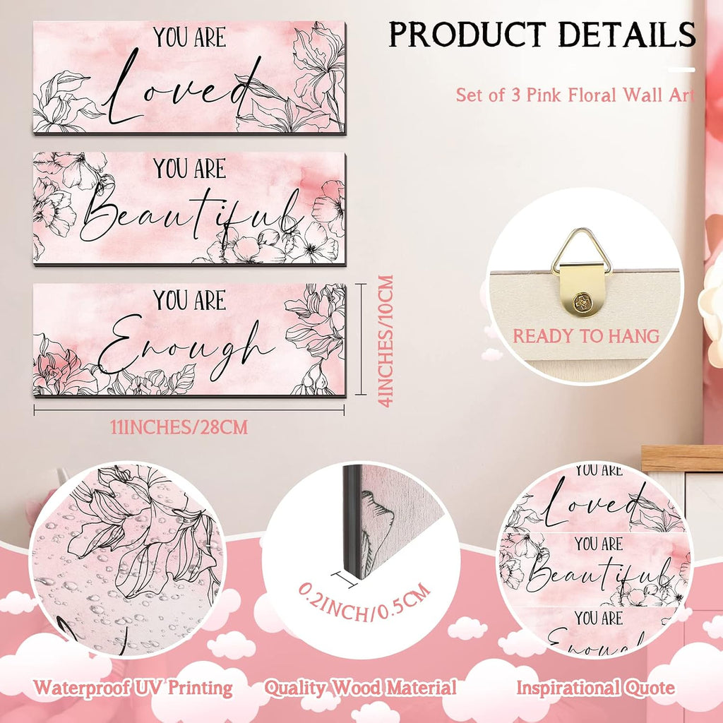 Yookeer 3 Pcs Floral Wooden Wall Hanging Wall Art Positive Quotes You Are Beautiful Inspirational Wall Decors for Valentine Kids Girls Teacher Women Assistant Secretaries (Pink, 4 x 11 Inch)