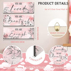 Yookeer 3 Pcs Floral Wooden Wall Hanging Wall Art Positive Quotes You Are Beautiful Inspirational Wall Decors for Valentine Kids Girls Teacher Women Assistant Secretaries (Pink, 4 x 11 Inch)