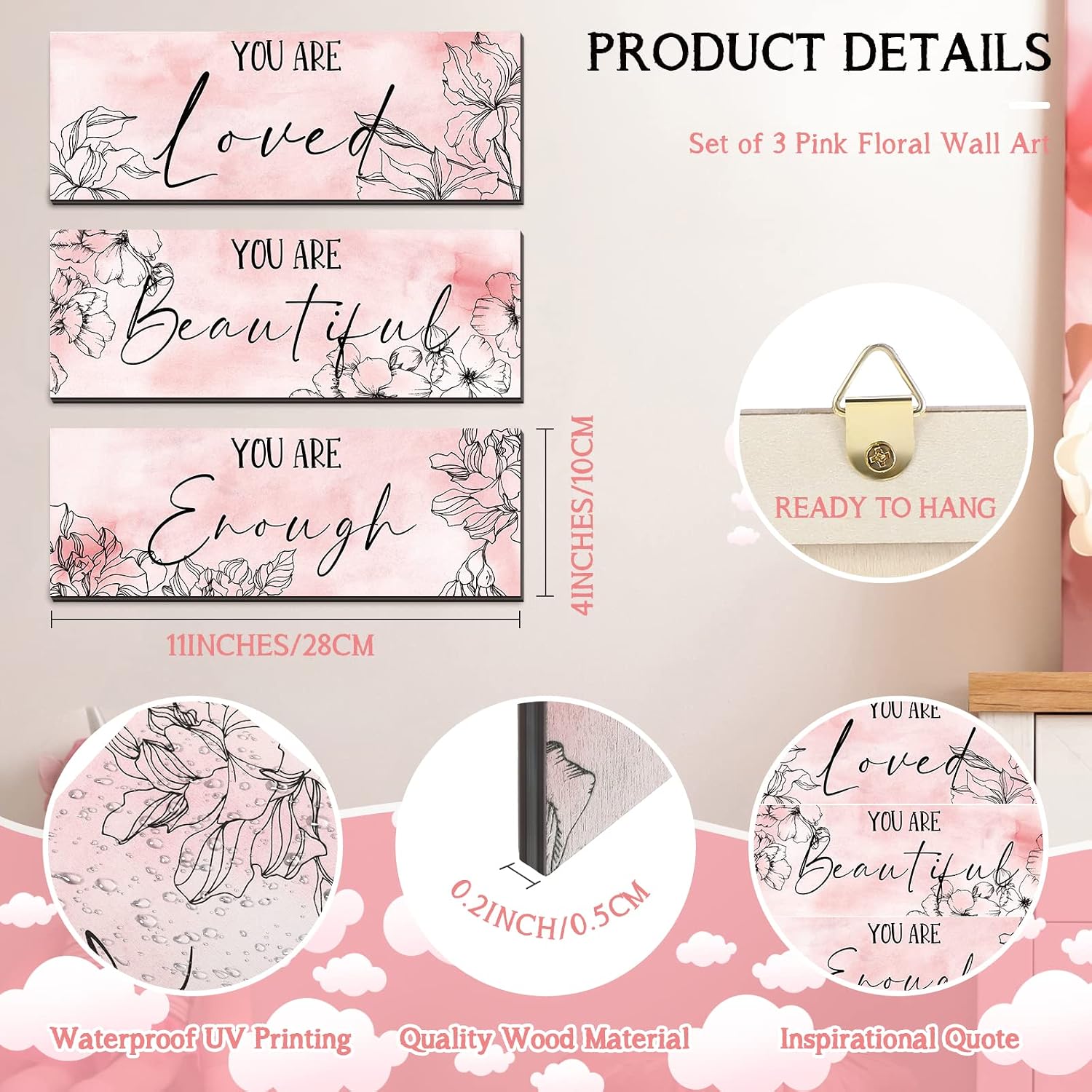 Yookeer 3 Pcs Floral Wooden Wall Hanging Wall Art Positive Quotes You Are Beautiful Inspirational Wall Decors for Valentine Kids Girls Teacher Women Assistant Secretaries (Pink, 4 x 11 Inch)