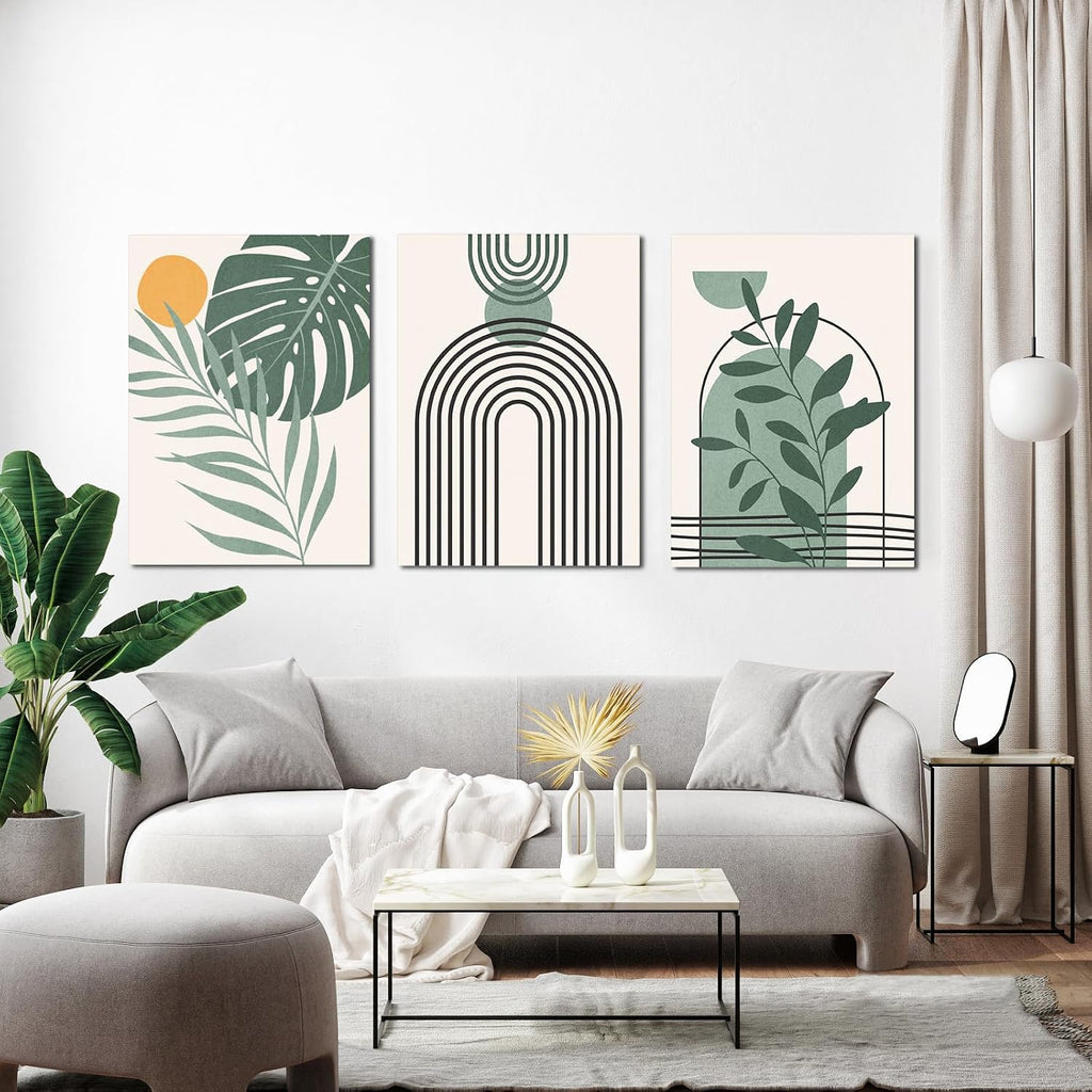 Boho Wall Art Set of 3 Mid Century Modern Wall Decor Abstract Geometric Prints Black Green Plant Sun Natural Framed Canvas Prints Artwork Ready To Hang for Living Room Bathroom Bedroom 12x16inch