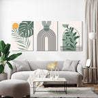 Boho Wall Art Set of 3 Mid Century Modern Wall Decor Abstract Geometric Prints Black Green Plant Sun Natural Framed Canvas Prints Artwork Ready To Hang for Living Room Bathroom Bedroom 12x16inch