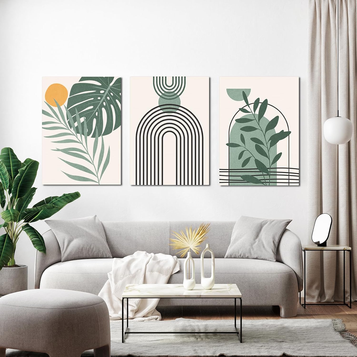 Boho Wall Art Set of 3 Mid Century Modern Wall Decor Abstract Geometric Prints Black Green Plant Sun Natural Framed Canvas Prints Artwork Ready To Hang for Living Room Bathroom Bedroom 12x16inch