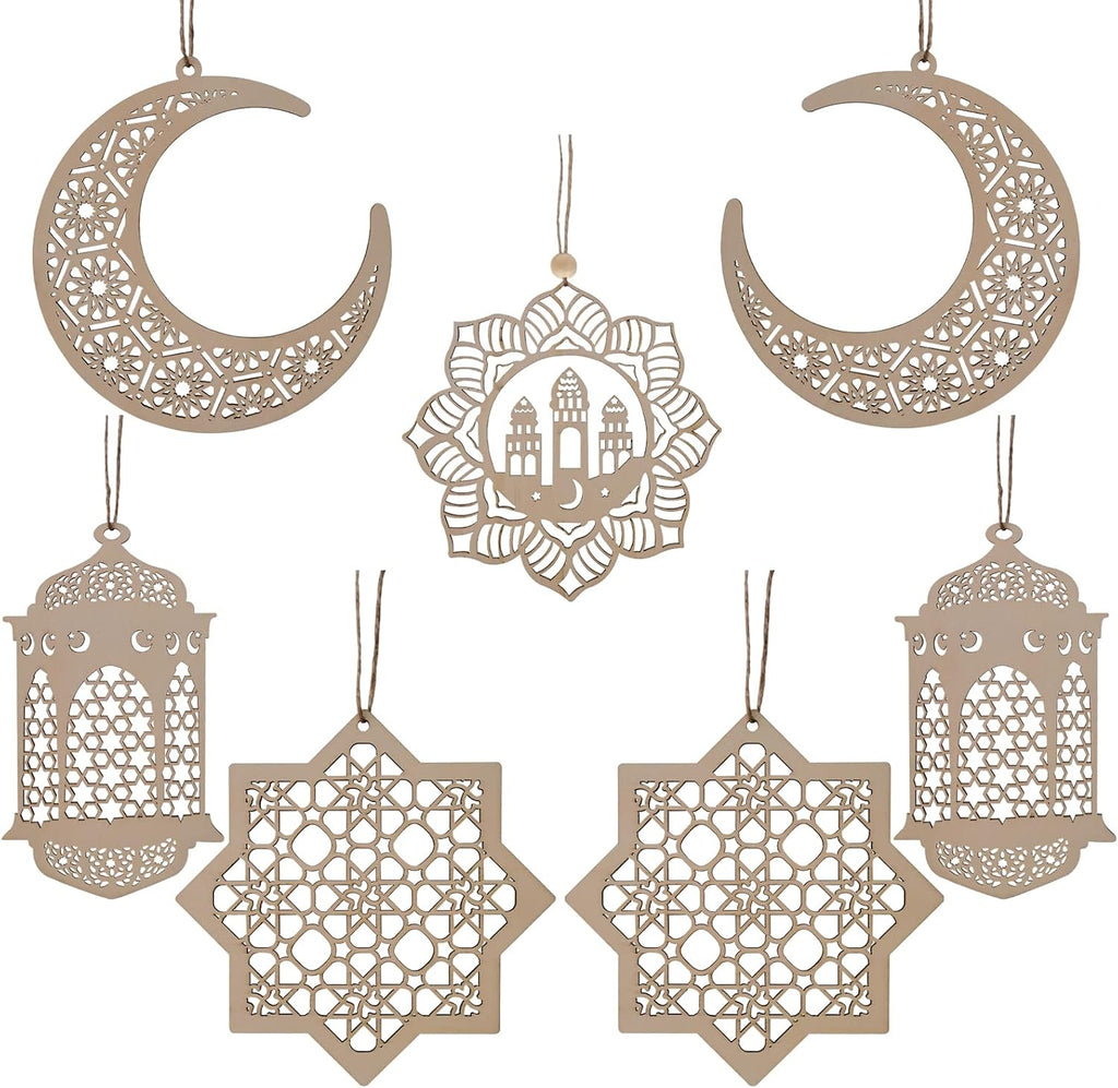 PopManko Ramadan Decorations - Wooden Pendant Eid Mubarak Hanging Moon Star Wind Light Castle Shape Ornament