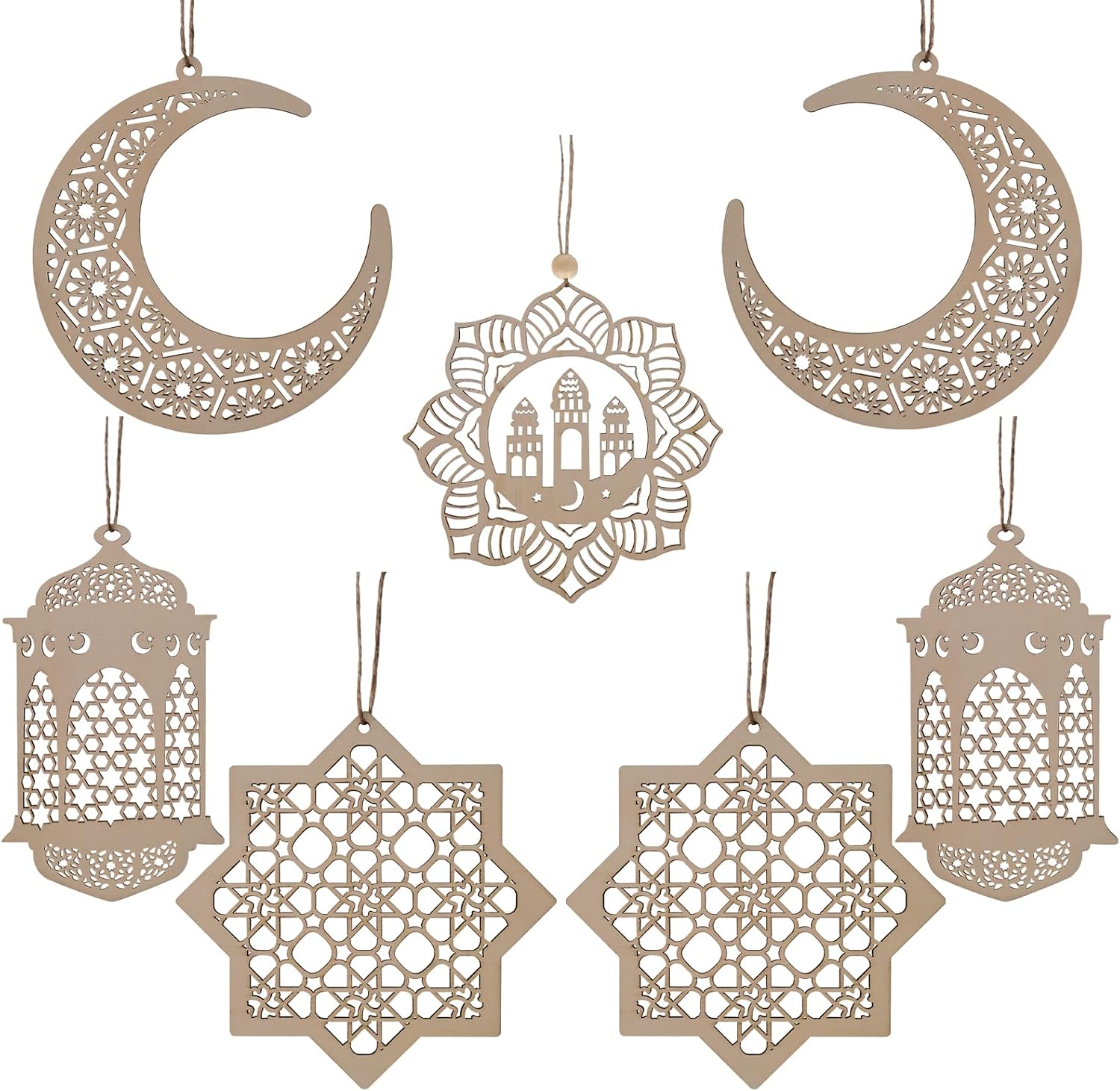 PopManko Ramadan Decorations - Wooden Pendant Eid Mubarak Hanging Moon Star Wind Light Castle Shape Ornament