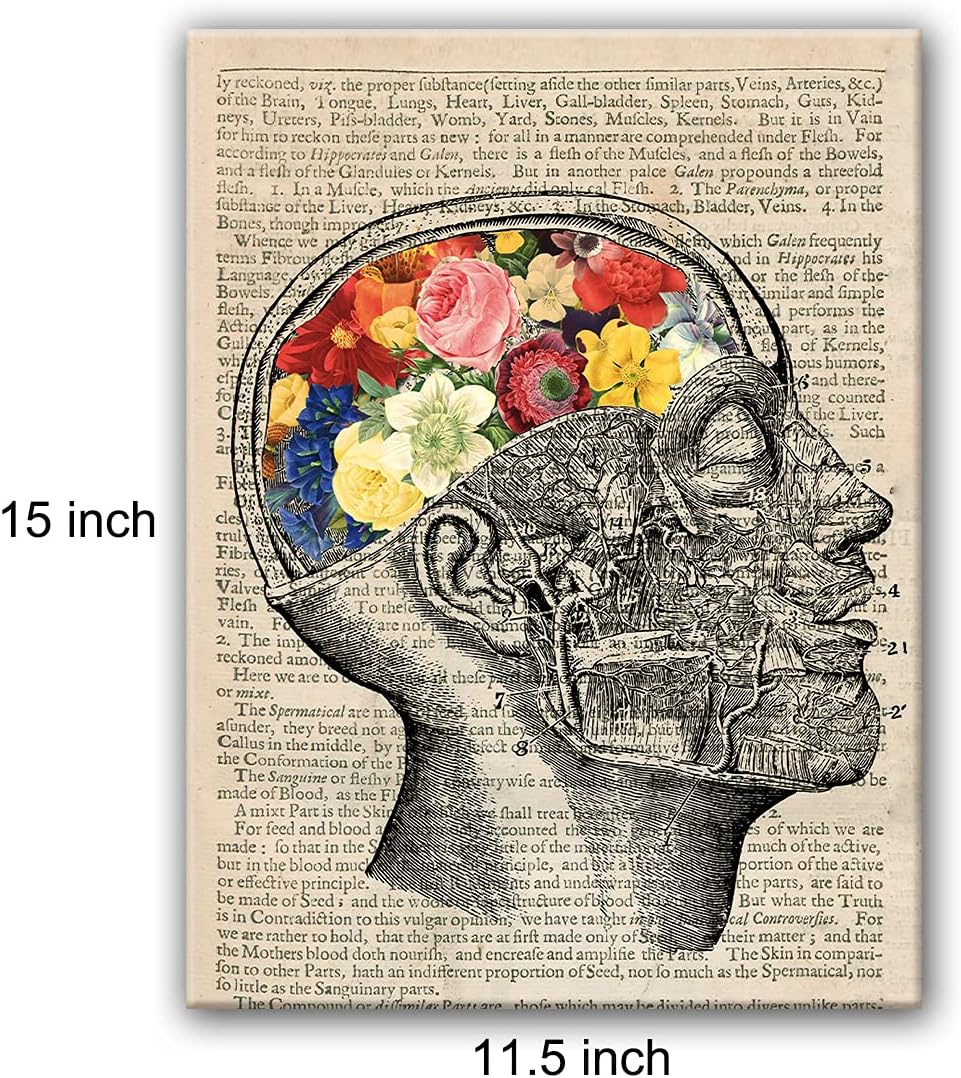 Vintage Human Anatomy Poster - Anatomy Canvas Wall Art Anatomical Brain Floral Canvas Print Painting Ready to Hang Gifts for Home/Office/Medical School Decor - Easel & Hanging Hook 12x15 Inch