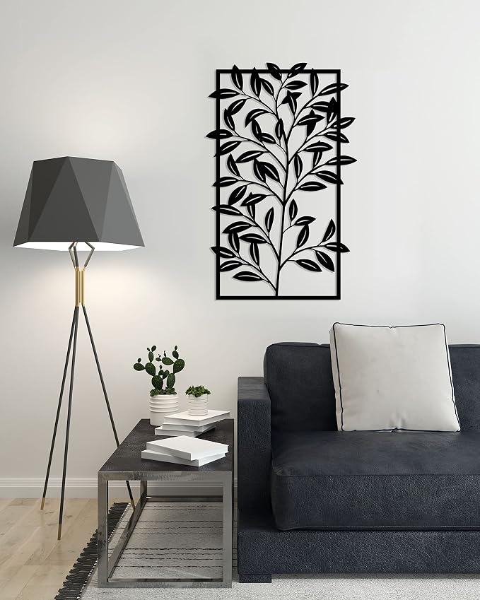 Decorative Wooden Wall Art Panel with Leaf Design, 55x80 cm, Black