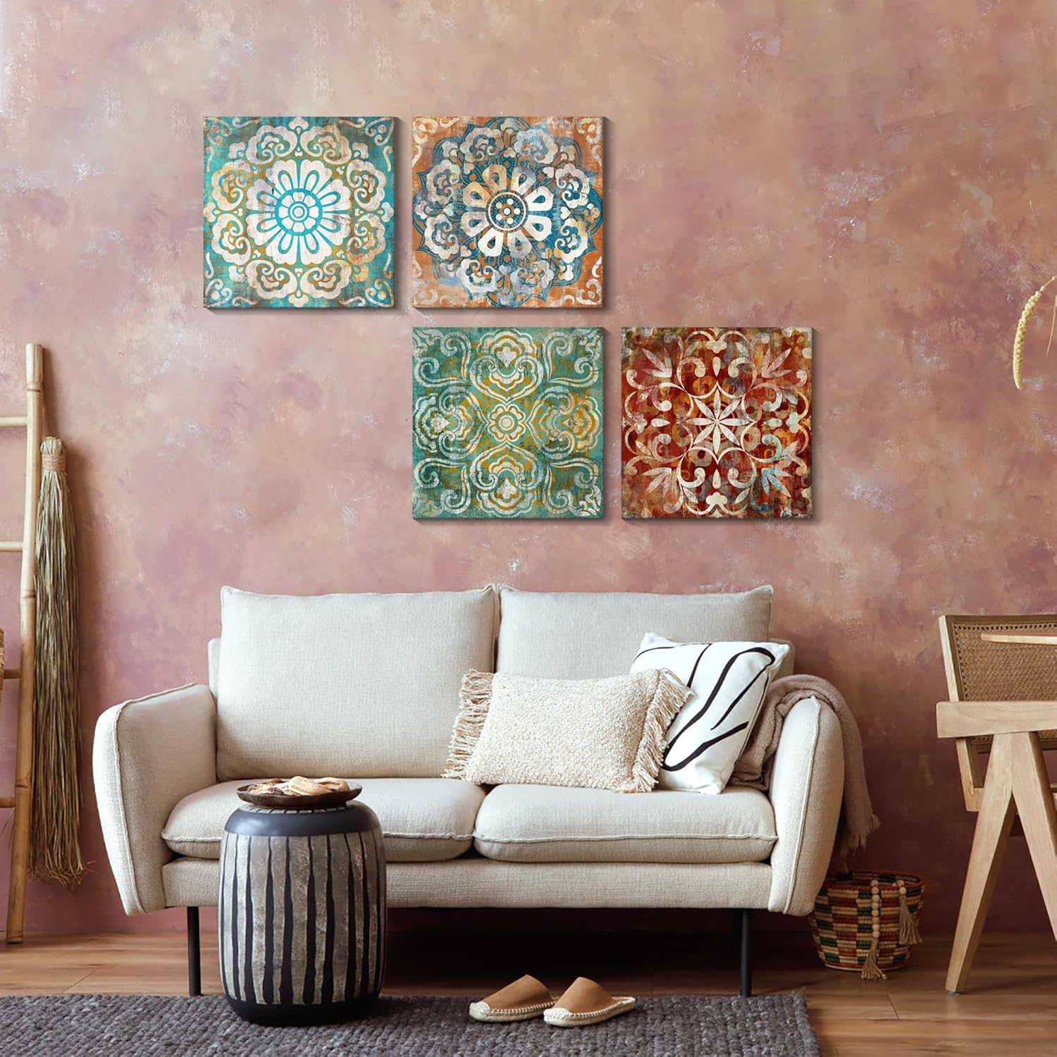 Mofutinpo Wall Art Vintage Flowers Pattern Canvas Prints Pictures for Bedroom Wall Decor 14x14 inches 4 Pieces Artwork Ready to Hang for Home Bathroom Kitchen Office Decoration