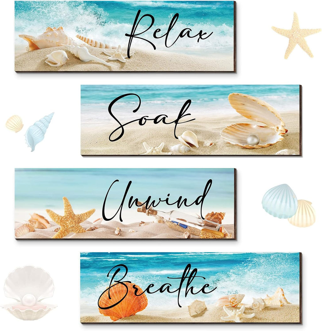 Yulejo 4 قطع ديكورات حائط حمام الشاطئ والمحيط الخشبية بكلمات Relax Soak Unwind Breathe لوحات فنية جدارية للحمام لافتة خشبية معلقة على شكل صدفة ونجم البحر لغرفة المعيشة وغرفة الغسيل والحمام والمنتجع الصحي وغرفة الغسيل