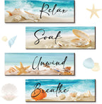 Yulejo 4 قطع ديكورات حائط حمام الشاطئ والمحيط الخشبية بكلمات Relax Soak Unwind Breathe لوحات فنية جدارية للحمام لافتة خشبية معلقة على شكل صدفة ونجم البحر لغرفة المعيشة وغرفة الغسيل والحمام والمنتجع الصحي وغرفة الغسيل