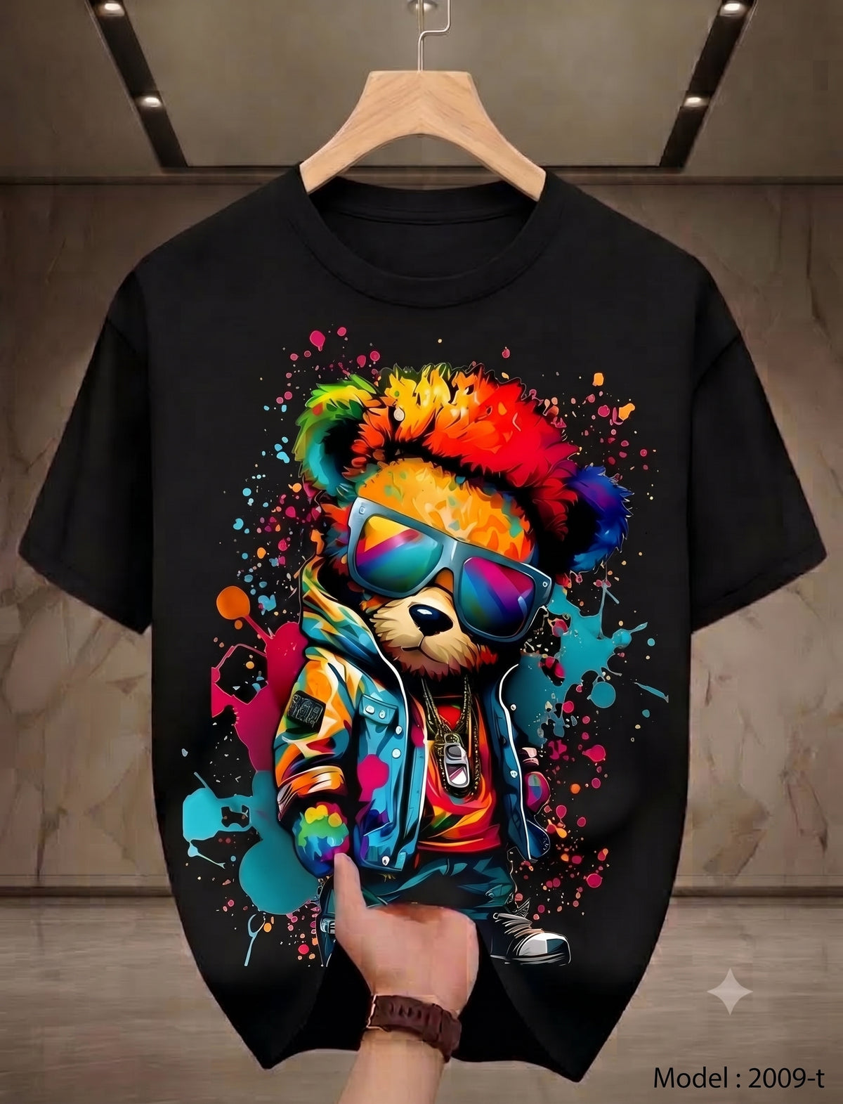 ward T-SHIRT BRAND FAST PRINT - Vibrant Paint Splatter Cool Bear Black Graphic Tee 2009