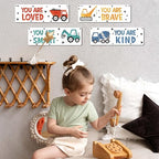 4 Pieces Construction Vehicles Decor Kids Room Wall Decor Wooden Sign - Motivational Wall Art For Kids Room Nursery Playroom Classroom - You Are Loved You Are Brave You Are Kind You Are Smart(Sign-01)
