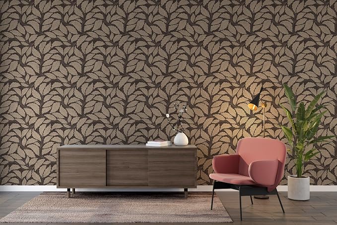 Seamless fabric wallpaper with a vintage leaf design, up to 4.2m x 3m, with an adhesive and smoothing tool from