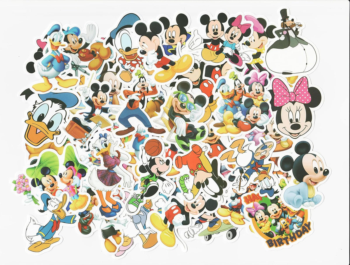 LONGYU 50Pcs Bulk Mickey Mouse Vinyl Stickers Waterproof Disney Mickey Minnie Stickers Graffiti Decals for Water Bottles Cars Motorcycle Skateboard Portable Luggages Phone Ipad Laptops