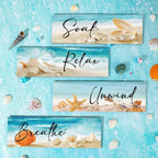 Yulejo 4 قطع ديكورات حائط حمام الشاطئ والمحيط الخشبية بكلمات Relax Soak Unwind Breathe لوحات فنية جدارية للحمام لافتة خشبية معلقة على شكل صدفة ونجم البحر لغرفة المعيشة وغرفة الغسيل والحمام والمنتجع الصحي وغرفة الغسيل