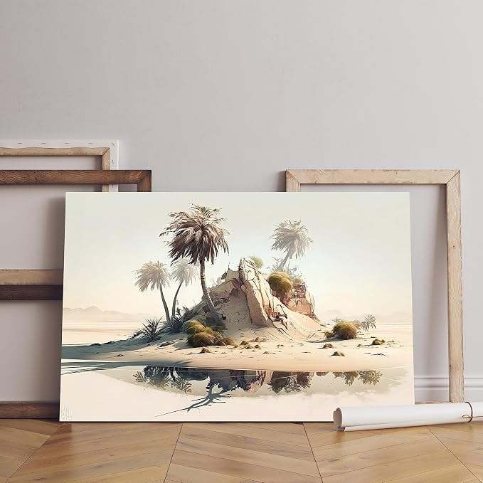 Canvas wall art print of a desert scene with palm trees and a remote island, measuring 60 x 40 cm, beige