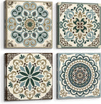 double trees Mandala Canvas Wall Art Bedroom: Living Room Bathroom Vintage Flower Giclee Print Modern Abstract Boho Pattern Painting Picture 4 Piece 12x12 Aesthetic Brown Artwork Ready to Hang