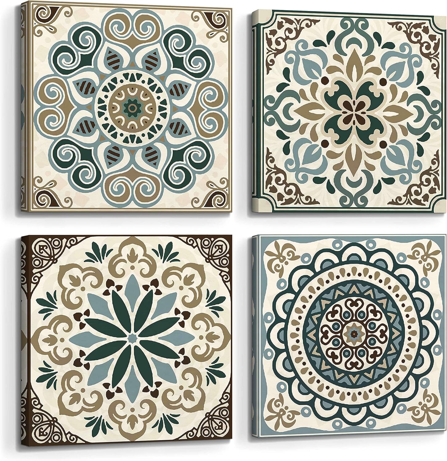 double trees Mandala Canvas Wall Art Bedroom: Living Room Bathroom Vintage Flower Giclee Print Modern Abstract Boho Pattern Painting Picture 4 Piece 12x12 Aesthetic Brown Artwork Ready to Hang