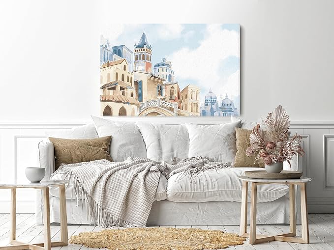 wall art, on canvas, printed with a Mediterranean city scene, 60x40 cm, blue