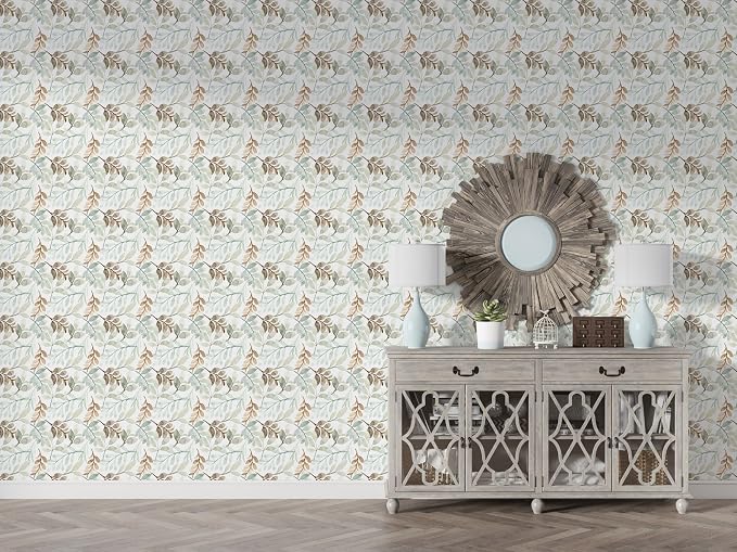 leaf-patterned fabric wallpaper covering an area of up to 4.2m x 3m, includes adhesive and smoothing tool.