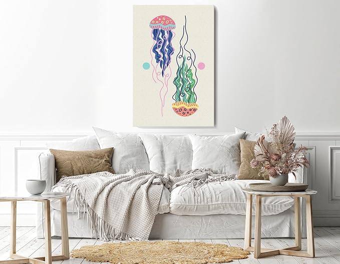 Underwater jellyfish print canvas wall art, 60 x 40 cm, beige