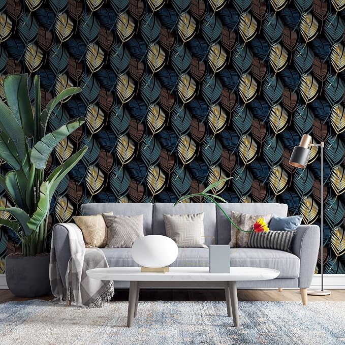 Seamless fabric wallpaper with a palm leaf pattern covering an area of up to 4.2m x 3m, with adhesive and smoothing tool