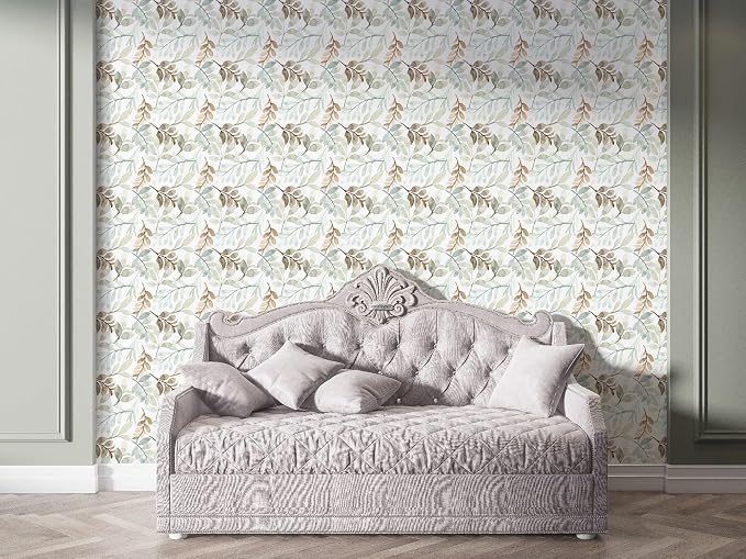 leaf-patterned fabric wallpaper covering an area of up to 4.2m x 3m, includes adhesive and smoothing tool.