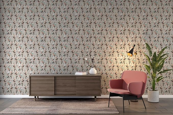 Seamless Boho-style fabric wallpaper with arrows and feathers, covering up to 4.2m x 3m, with adhesive and smoothing tool