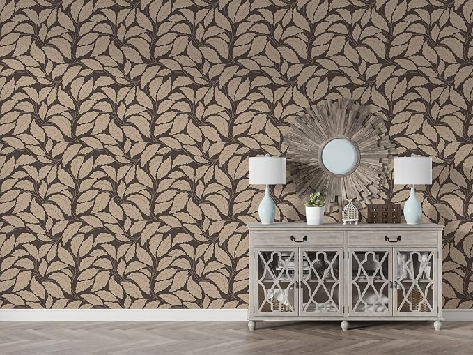 Seamless fabric wallpaper with a vintage leaf design, up to 4.2m x 3m, with an adhesive and smoothing tool from