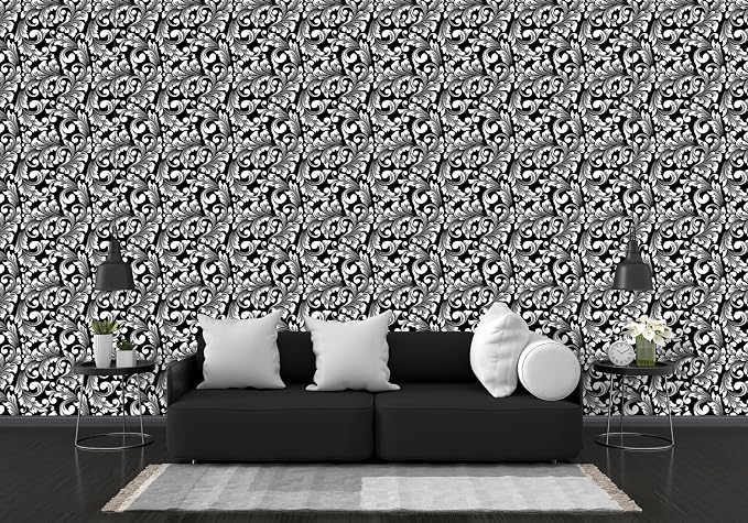 seamless black leaf pattern fabric wallpaper for floor coverings up to 4.2m x 3m, with adhesive and smoothing tool.