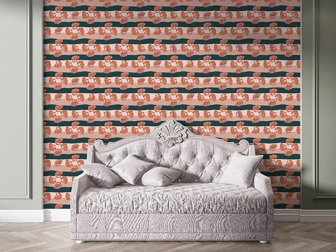 Abstract floral fabric wallpaper in a classic style, covering an area up to 4.2m x 3m, with adhesive and smoothing tool