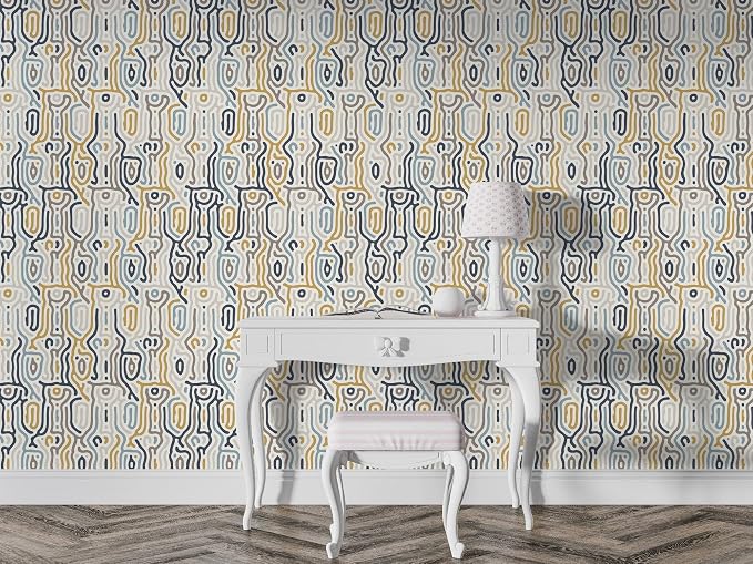 Fabric wallpaper with a natural maze pattern and abstract organic background, covering a large area up to 4.2m x 3m, with adhesive and smoothing tool.