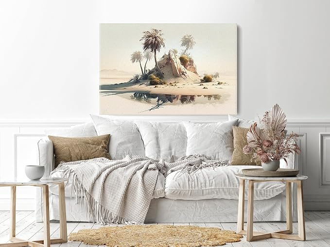 Canvas wall art print of a desert scene with palm trees and a remote island, measuring 60 x 40 cm, beige