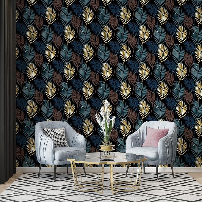 Seamless fabric wallpaper with a palm leaf pattern covering an area of up to 4.2m x 3m, with adhesive and smoothing tool