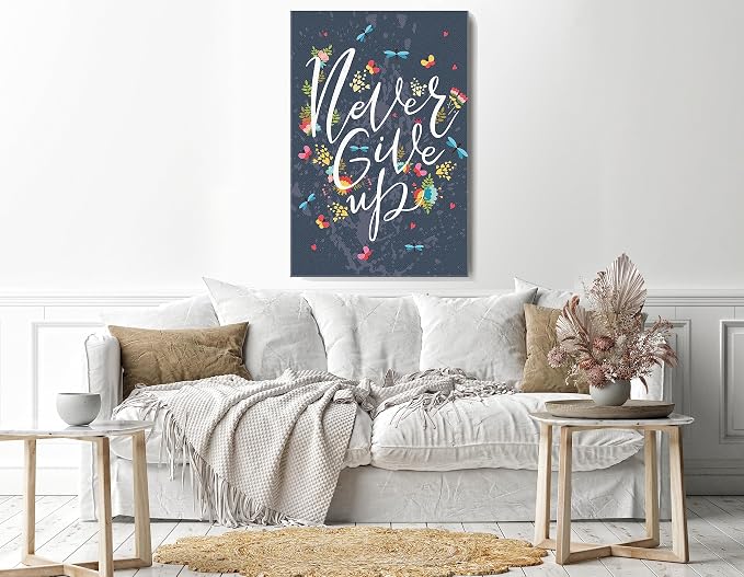 Canvas wall art with the phrase "Never Give up" printed on a motivational postcard. 60x40cm, blue.