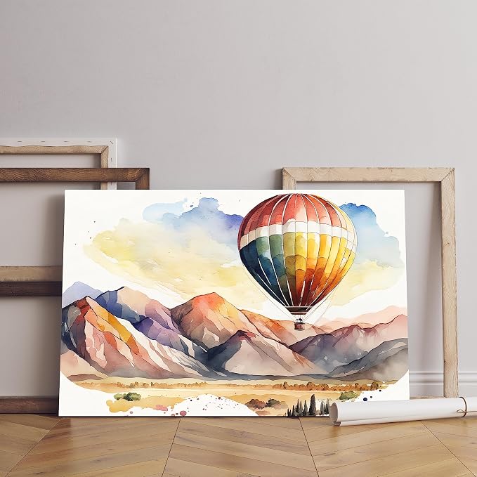 canvas wall art featuring a scenic landscape and hot air balloon print, 40 x 60 cm, beige